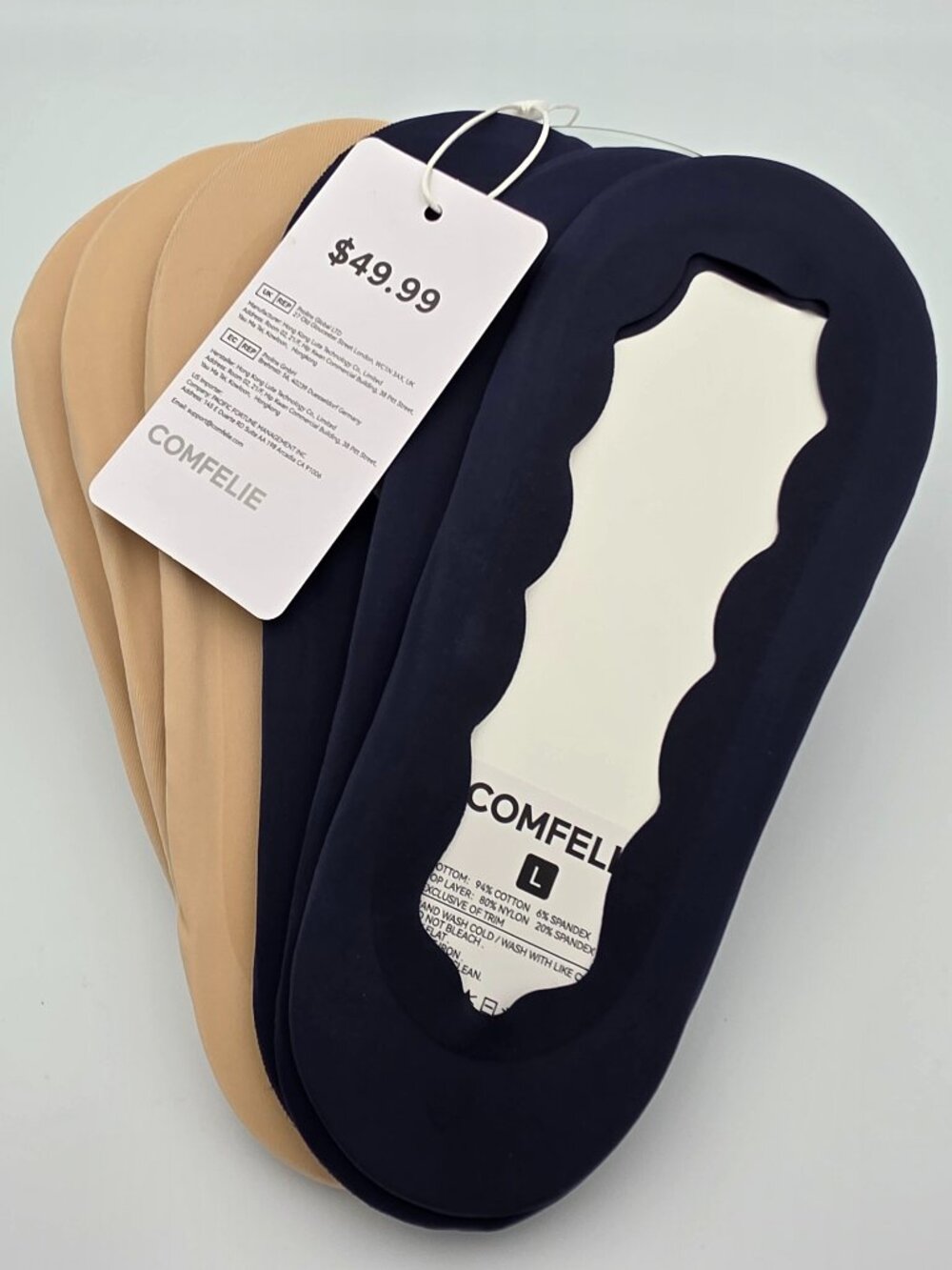 Comfelie Seamless No-Show Sock Liners 6 Pack Nude Navy Black Size L NWT $50